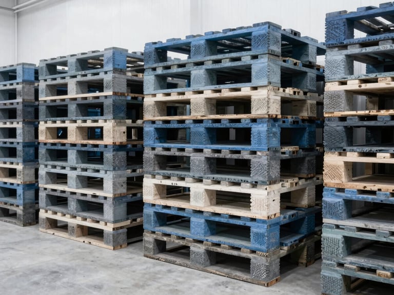 Rows of neatly stacked wholesale cargo pallets inside a bright, modern logistics terminal, cool neutral lighting, slate gray and blue tones, 35mm