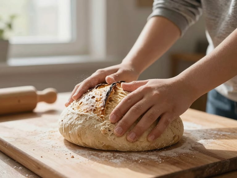 Close-up of a child's hands kneading rustic sourdough bread dough on a low wooden table, warm morning light streaming through a window.