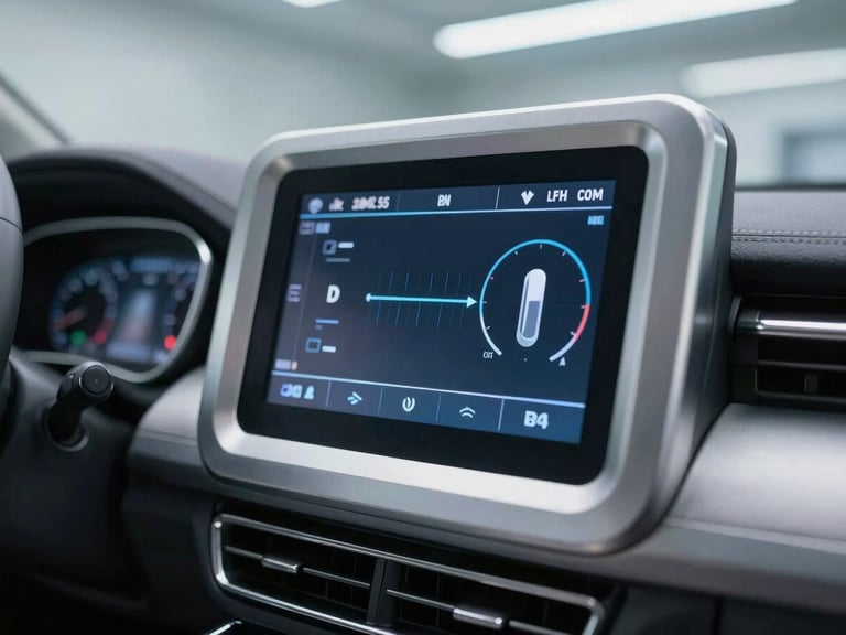 Cinematic macro shot of a high-end diagnostic interface screen inside a clean, modern automotive bay with metallic silver instruments in soft focus, cool lighting