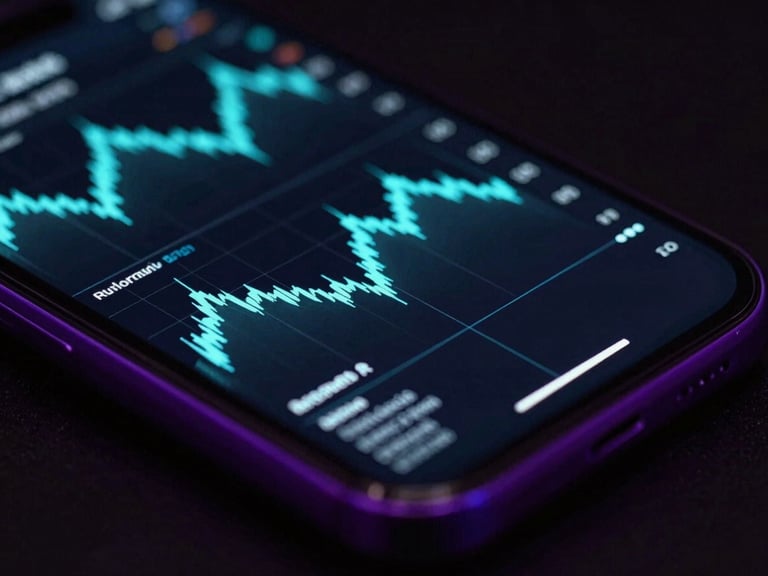 Macro close-up of a premium smartphone screen displaying a complex financial grid with glowing cyan charts, deep black background, sharp purple rim light, 35mm