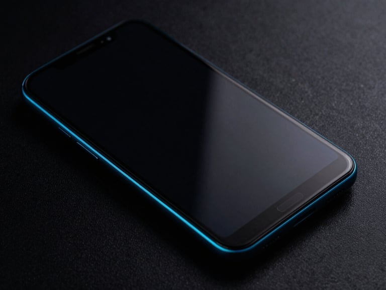 Macro shot of physical Android flagship device screen showing ultra-smooth 120Hz rendering, dramatic low-key studio lighting, deep blacks with sharp electric-cyan rim-light, 35mm