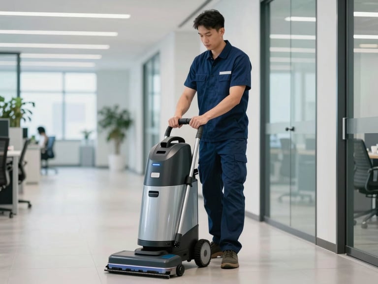 Professional cleaning crew member in a clean uniform operating modern floor cleaning equipment in a wide, brightly lit office hallway, 35mm, professional corporate photography, deep blue and teal tones, sharp focus.