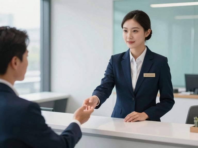 Cordial female receptionist in a branded uniform greeting a visitor at a sleek corporate front desk, soft natural light, clean modern office, 35mm, professional corporate photography, deep blue and teal tones, sharp focus.
