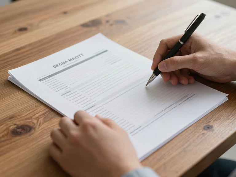 Close-up of hands reviewing financial documents on a heavy oak table, warm natural light, soft focus, editorial style.