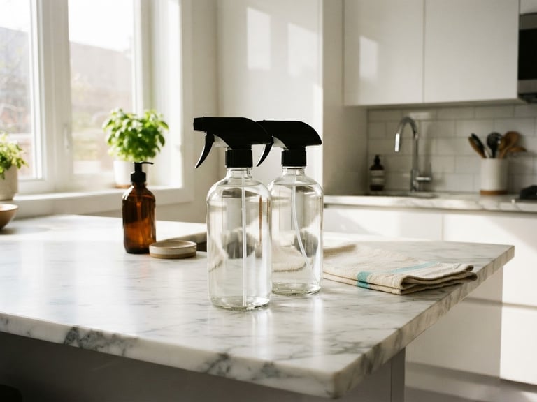 Bright sunlit modern kitchen with pristine marble countertops, natural daylight reflecting off clear glass spray bottles, sharp editorial photography, 35mm