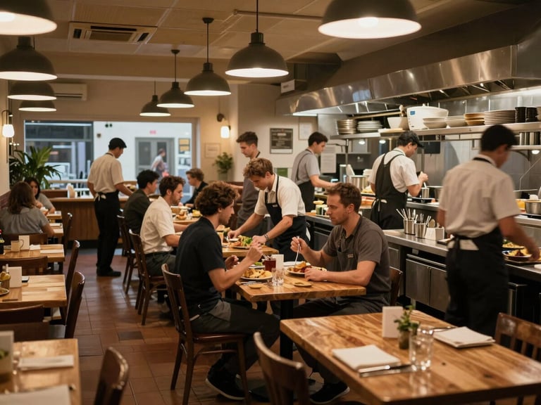 Wide environmental shot of a full neighbourhood restaurant at dinner service, staff moving between tables in natural motion, warm tungsten overhead lights, no posed figures, genuine working-kitchen energy