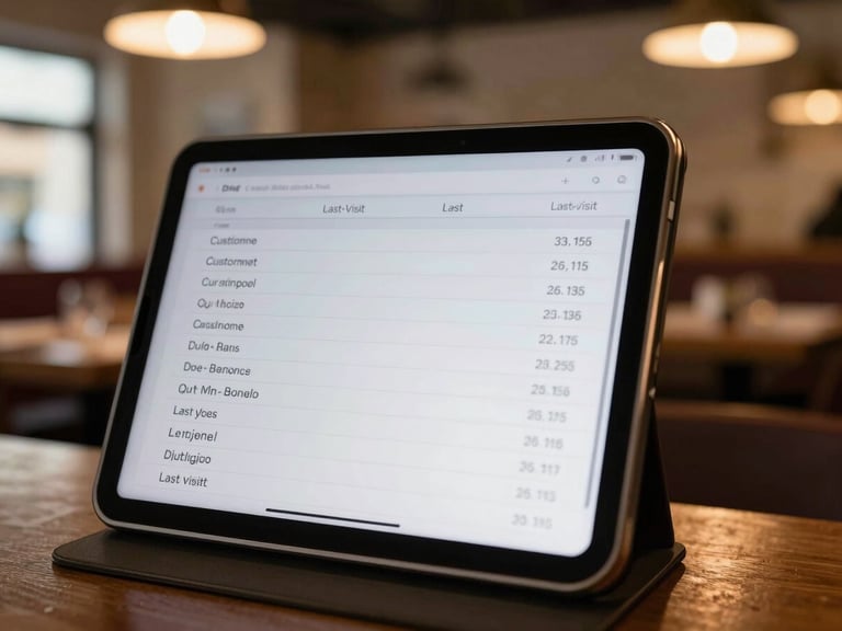 Close detail of a tablet screen showing a simple list of customer names and last-visit dates, resting on a restaurant host stand, warm indoor light from above, background is a softly blurred dining room at midday
