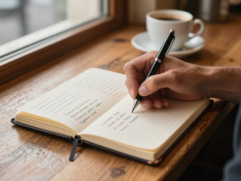Close shot of a restaurant owner's hand writing a customer name in a worn logbook on a wooden counter, warm daylight from a north-facing window, pen resting mid-stroke, coffee cup in soft background blur