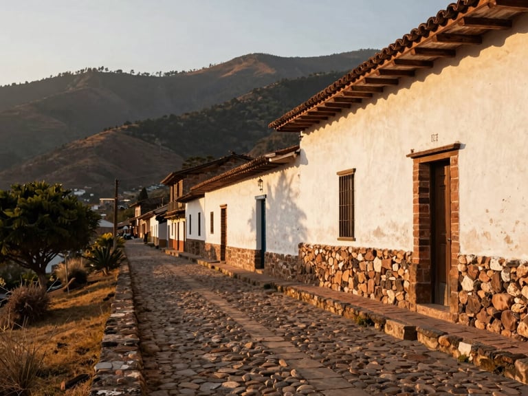 Warm golden hour view of an ancient cobblestone path winding through dry mountain landscape of Villa de Leyva, whitewashed stone walls, soft shadows