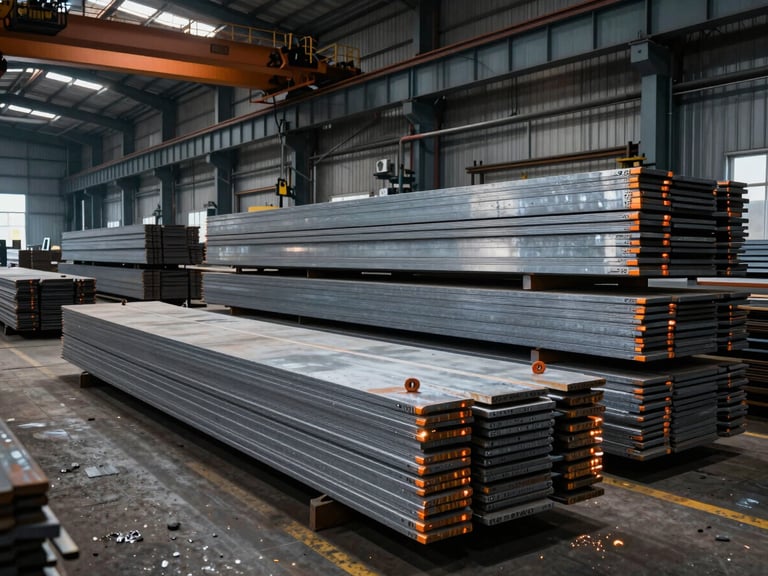 Wide-angle industrial warehouse with massive stacks of raw steel profiles and DKP sheets, overhead gantry crane, high-contrast cold steel lighting with orange safety highlights, 35mm