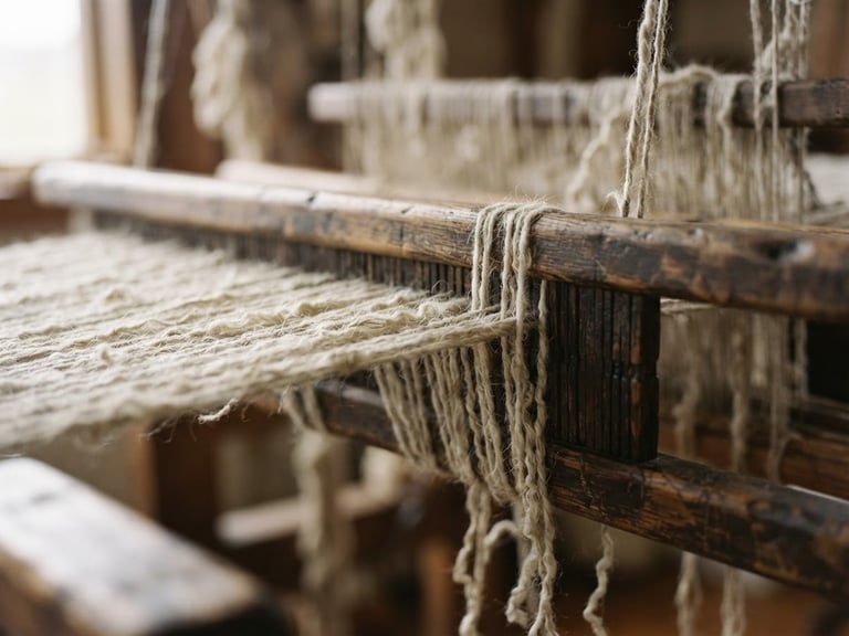 Macro close-up of raw New Zealand wool fibers being tensioned on a traditional timber loom, soft diffused side-light, architectural 35mm.