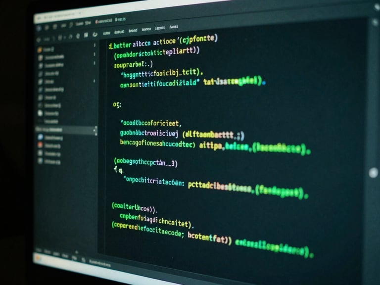 Close-up of a code editor on a monitor with clean syntax highlighting, reflecting a green neon light, in a dark, moody studio environment, monospaced typography