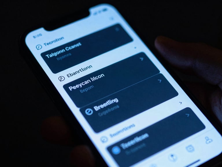 Tight macro shot of a hand holding a smartphone displaying a mobile app interface, with a terminal window reflected on the screen, low-key studio lighting, sharp electric-blue neon reflections
