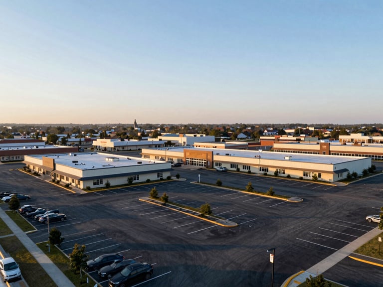 Wide aerial view of a commercial strip development at golden-hour daylight, parking lot geometry visible below, three anchor tenant pads clearly delineated by white striping, no signage legible, open sky occupying upper third of frame, shot from above-left at a low oblique angle