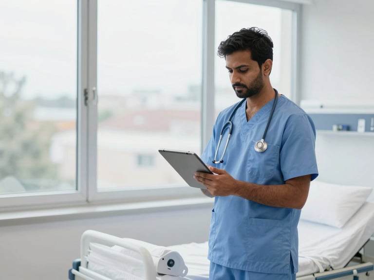 A bright, modern German hospital ward with soft overcast daylight. An Indian medical professional in clean scrubs stands near a window, holding a clinical tablet. Sharp focus, 35mm.