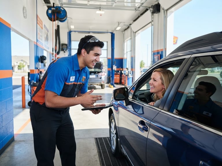 Bright, clean, modern drive-through service bay of Take 5 in Kuna, a smiling technician in a clean uniform talking to a customer through a car window, bright natural daylight, 35mm lens