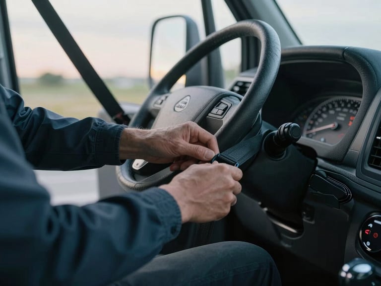 Close-up of a driver's hands performing a pre-use walkaround safety check on a commercial vehicle, checking securing straps under cool morning light.