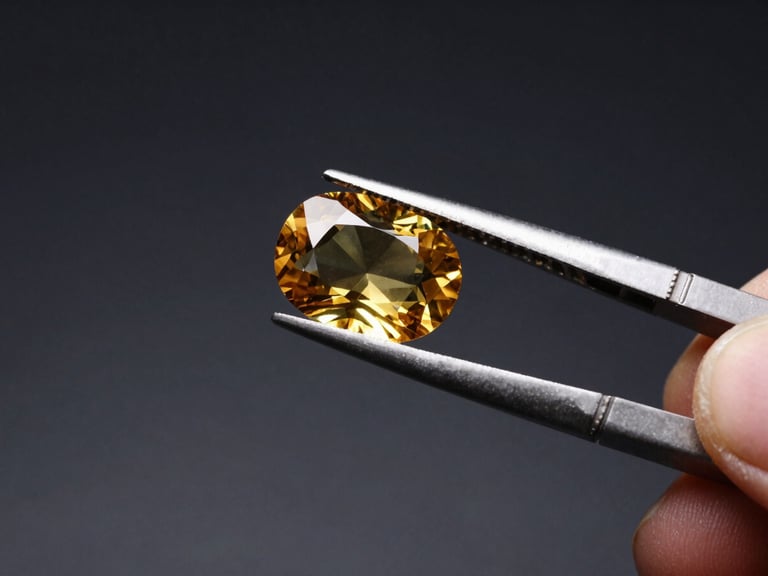 Macro shot of a gemologist's hand holding a mineral specimen with professional tweezers, deep charcoal background, high-contrast lighting.