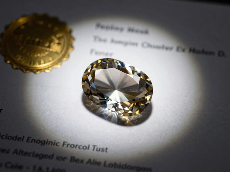 Macro shot of a detailed gemological certificate with a gold seal, scientific text, dramatic spotlighting, deep charcoal background.