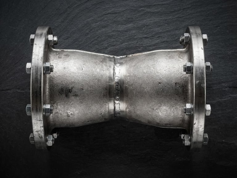 Sharp orthographic profile shot of a heavy steel pneumatic conveying elbow, high-contrast industrial studio lighting, metallic steel texture, slate background
