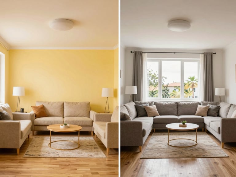 Before and after comparison of a living room interior, showing yellow color casts and uneven lighting in the 'before' and a neutral, evenly lit, vibrant room in the 'after' using flambient editing. Straight-on interior perspective.