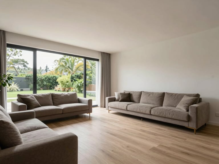 Modern virtual staging in an empty living room, contemporary furniture, natural light, inviting atmosphere, clean architectural photography