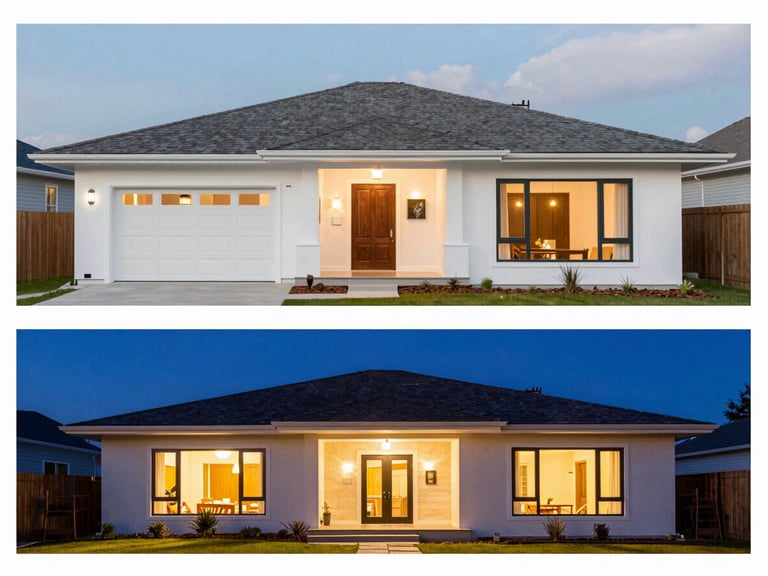 Before and after comparison of a house exterior, showing a bright daytime scene in the 'before' and a warm, inviting twilight scene with glowing interior lights and a rich blue sky in the 'after'. Wide-angle architectural shot, natural saturated tones.