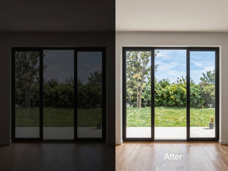 Before and after comparison of an interior real estate photo, showing a dark, underexposed window view in the 'before' and a perfectly exposed, clear view outside in the 'after' using HDR blending. Clean architectural photography, balanced interior daylight.