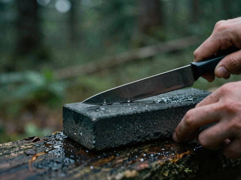 Close-up of a knife blade being drawn across a wet sharpening stone, water droplets visible, hands steady, moody overcast light, shallow depth of field.
