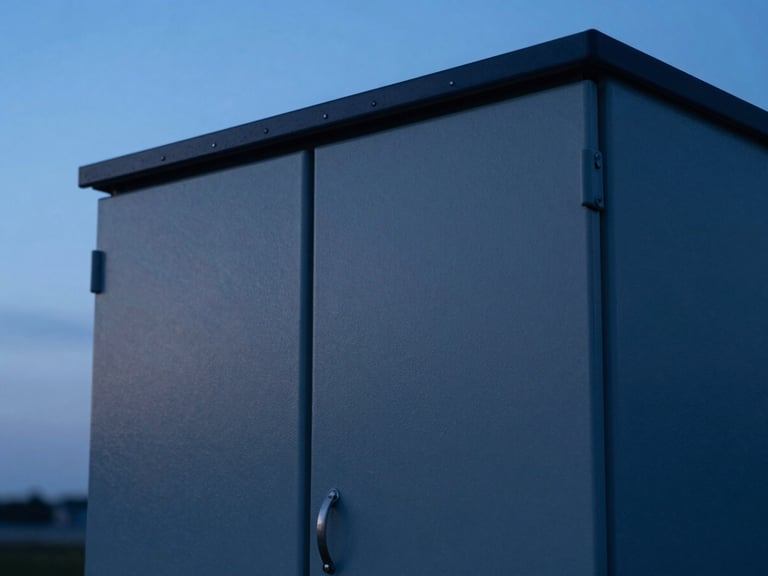Crisp architectural photography of a perfectly routed high-voltage electrical cabinet, cool blue hour lighting, deep navy and anthracite tones, sharp focus, 35mm lens