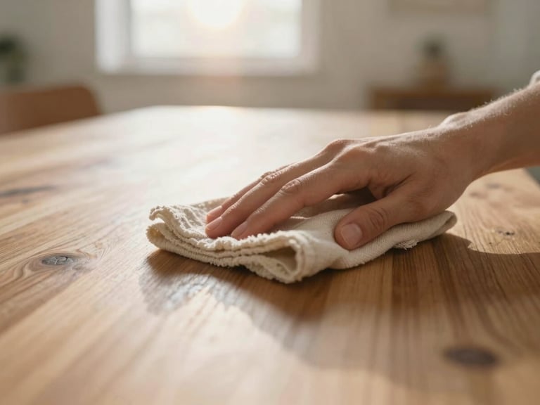 Close-up of hands gently cleaning a wooden table surface with a natural cloth, warm natural daylight, soft sun flares, cozy domestic interior.