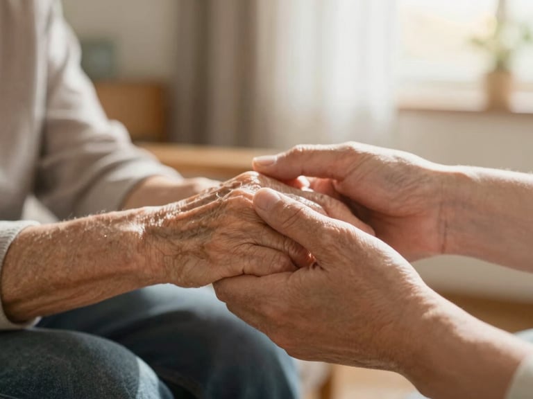 Warm close-up of an elderly person's hand gently held by a younger, caring hand, soft natural daylight, cozy interior, focus on connection.