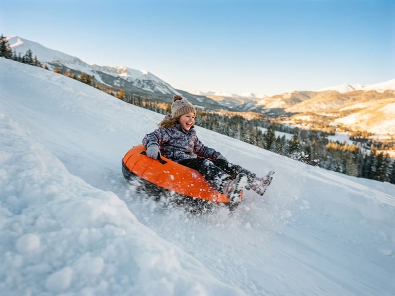 A vibrant action shot of a bright orange snow tube sliding down a pristine snowy hill at golden hour, crisp blue sky, motion blur on the snow, 35mm lens