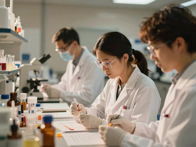 A clean, modern laboratory environment with researchers analyzing bio-formulations under warm natural light, rich earth tones, shallow depth of field, 35mm