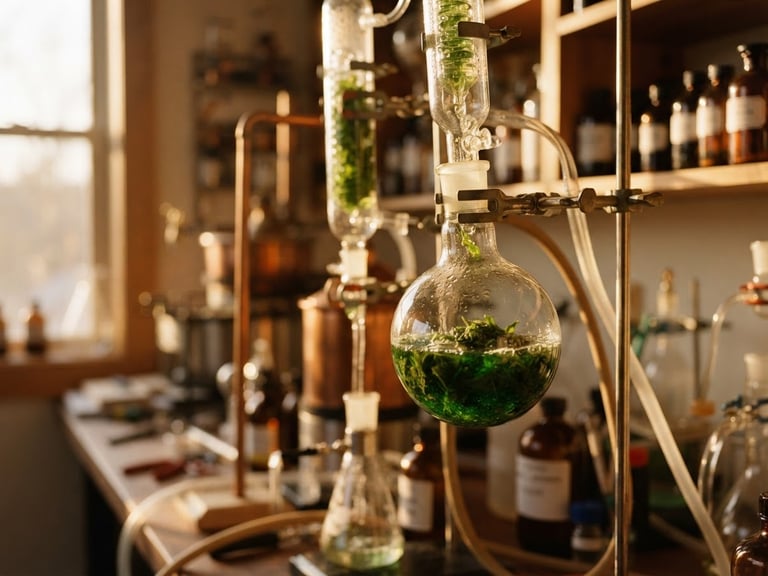 Macro shot of green botanical extraction in a modern laboratory, warm golden hour light reflecting off glass beakers, rich earth tones, shallow depth of field, 35mm