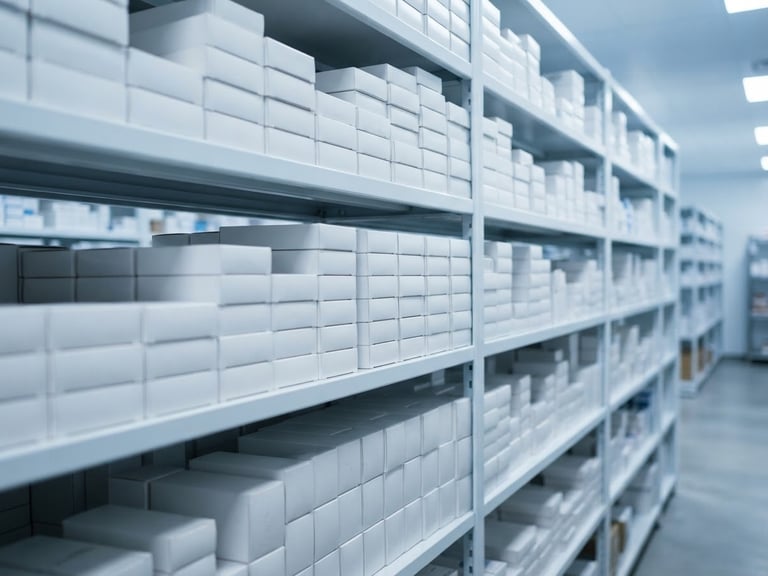 Medium shot of organized clean pharmaceutical warehouse shelves with sealed medicine boxes, sterile cool blue and white studio lighting, sharp focus.