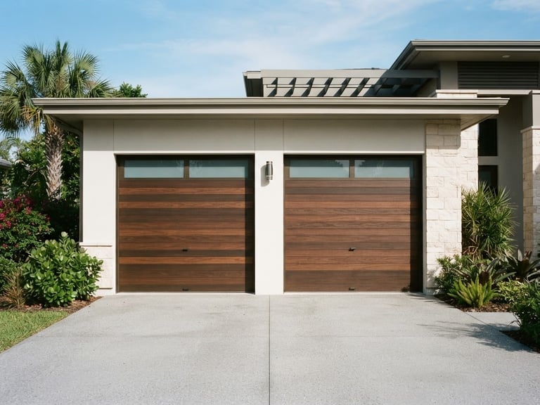Straight-on architectural shot of a modern clean garage door on a Sarasota home, bright Florida daylight, high-contrast natural tones, 35mm lens