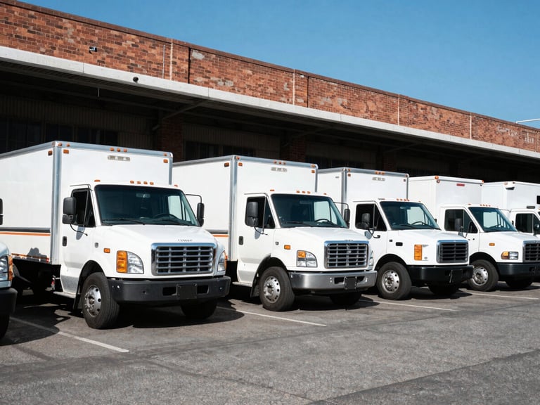 Wide 35mm shot of a fleet of white liveried company trucks parked outside the Pasadena brick warehouse, bright direct California sunlight, sharp shadows