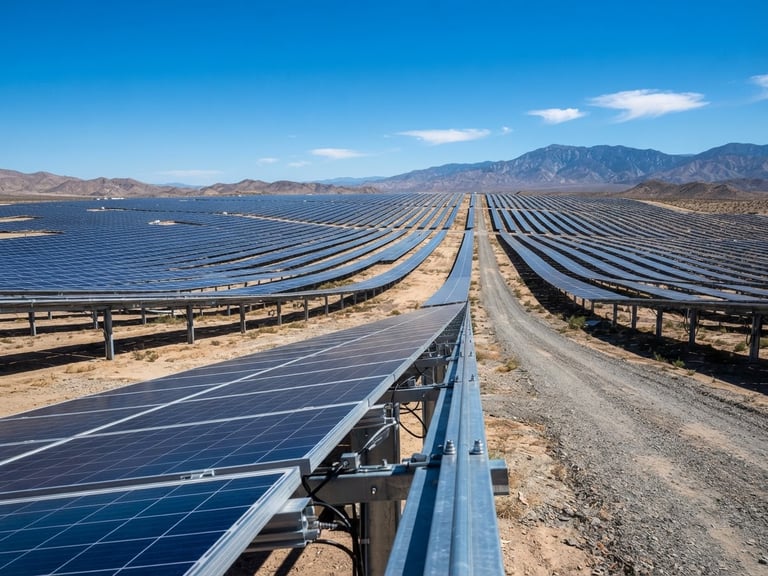 Wide-angle crisp industrial photograph of a utility-scale solar array under bright California sunlight, high-contrast blue and metallic tones, sharp depth of field.