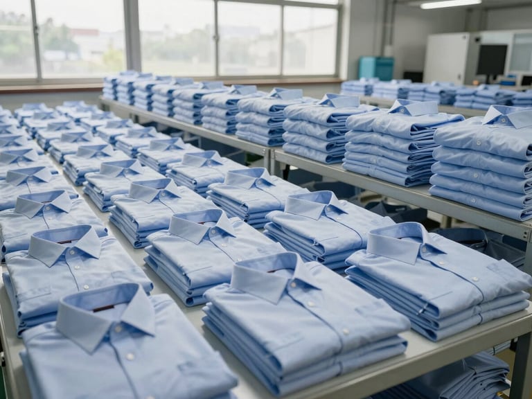 Wide shot of neatly folded corporate uniform shirts arranged in precise stacked rows on a clean industrial shelving unit inside a production facility — overcast natural daylight through north-facing windows, flat even illumination, no shadows, fabric texture visible, no people
