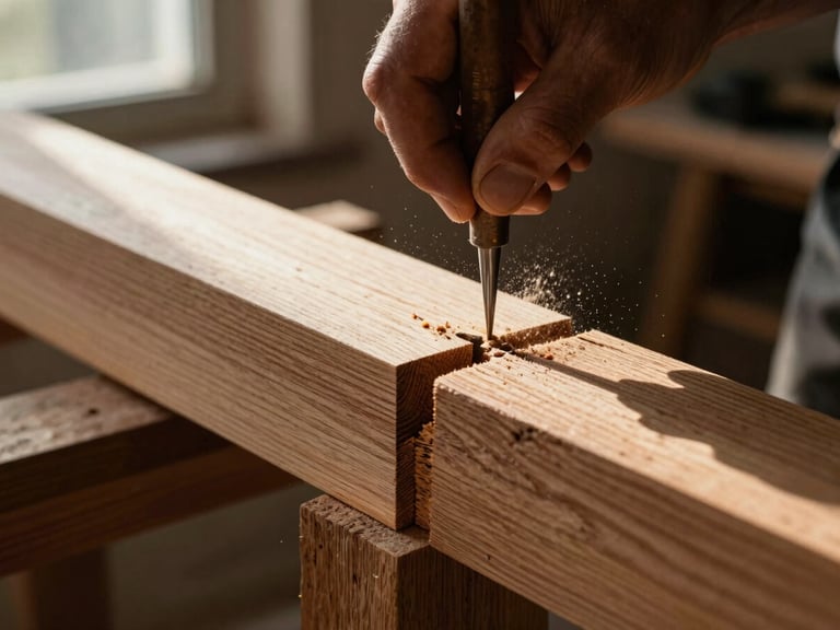 Tight macro shot of a master carpenter hand-chiseling a mortise and tenon joint in raw oak timber, dramatic side-lighting emphasizing wood grain and dust motes.