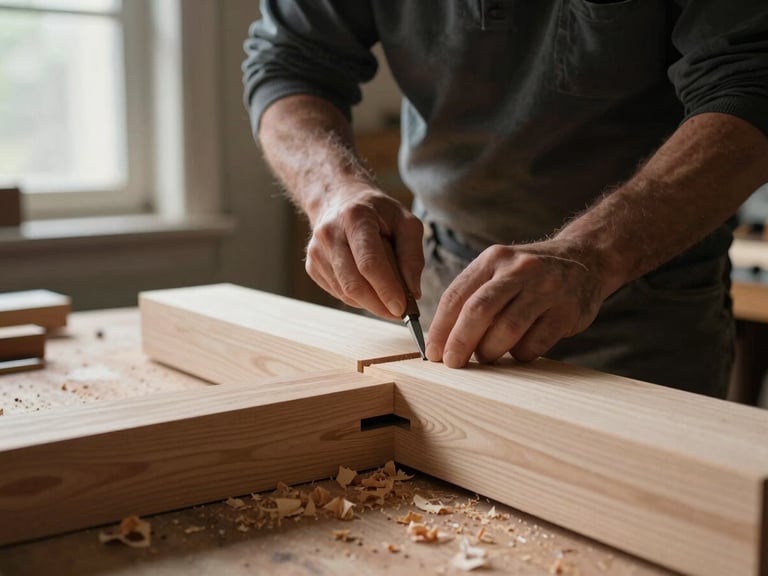 A master craftsman chiseling a mortise and tenon joint in a massive white oak timber, wood shavings on the workbench, side window light, shallow depth of field.
