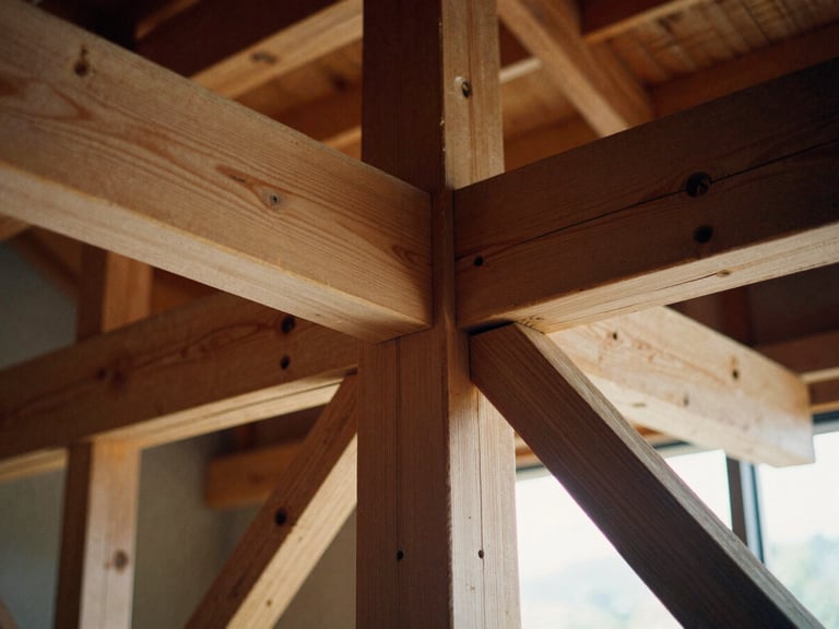 Close-up of exposed heavy timber framing with precise mortise and tenon joints, dramatic side-lighting emphasizing the raw wood texture, 35mm film look