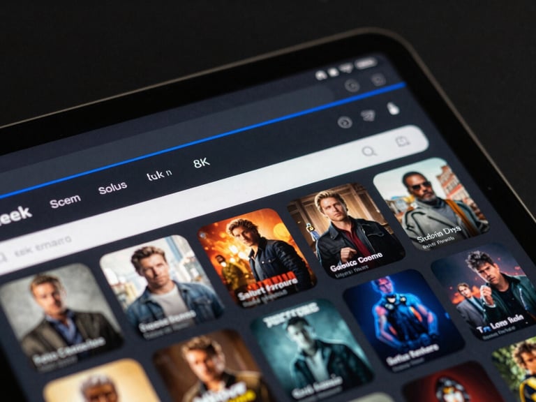 Sleek UI mockup of a unified streaming dashboard on a tablet screen, dark mode interface with electric blue accent lines, displaying movie categories and a clean search bar, close-up macro shot, dark background.