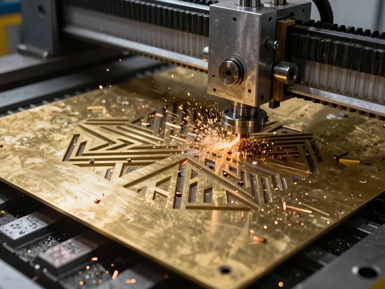 A sharp macro photograph of a high-speed CNC router carving intricate geometric patterns into a solid brass sheet, warm metallic shavings flying, industrial workshop lighting, 35mm.