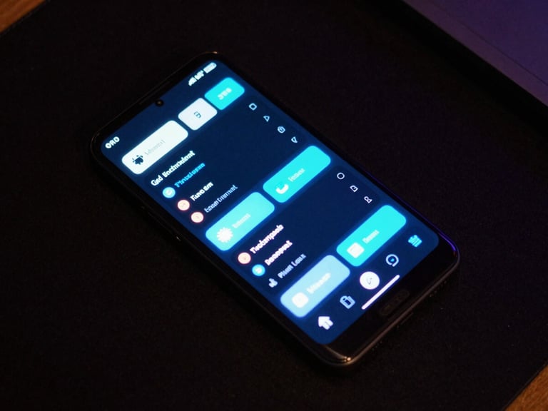 Moody tech photography, low-key ambient lighting, vibrant neon screen glows, sharp macro details, 35mm lens. An overhead flat-lay of an Android device showing a sleek dark-mode dashboard UI with sharp neon-blue accents, resting on a clean dark desk.