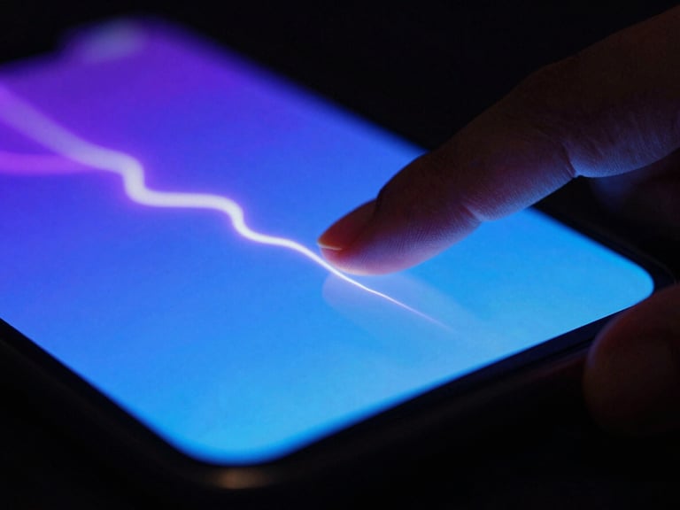 Moody tech photography, low-key ambient lighting, vibrant neon screen glows, sharp macro details, 35mm lens. A close-up of a finger tapping a glowing neon-blue smartphone screen with electric-violet trails.