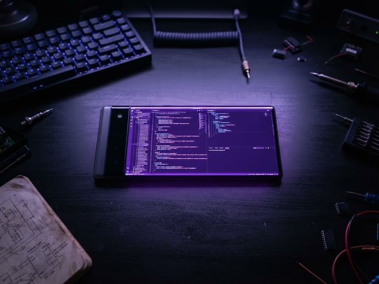 Overhead flat-lay of a sleek modern Android smartphone lying on a dark developer desk, emitting a sharp electric-violet glow from its screen, moody ambient lighting, 35mm lens.