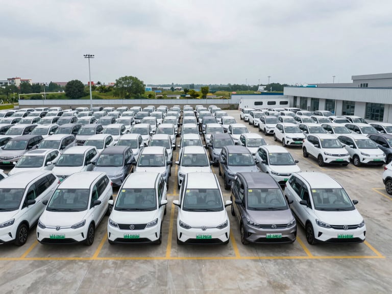 Wide-angle overhead shot of a commercial electric vehicle fleet yard under clean overcast daylight, vehicles parked in neat rows.