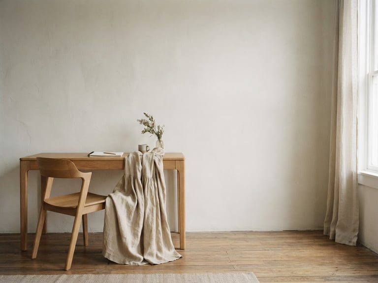 Softly diffused morning light illuminates a minimalist studio interior, a wooden desk with a single organic linen garment draped over a chair, expansive negative space to the right, editorial fashion photography style.